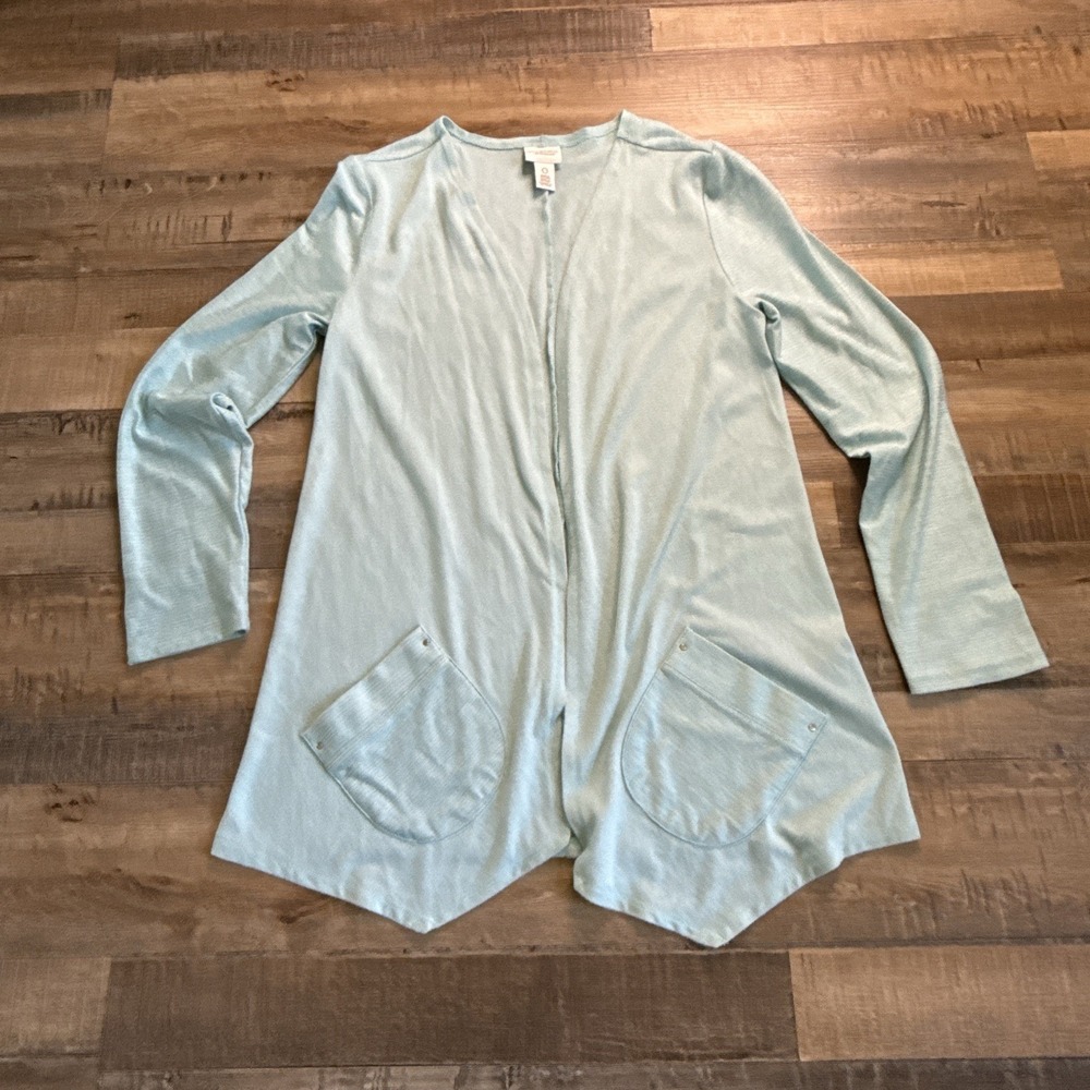The Weekend By Chico's Open Front Cardigan Asymmetrical Hem Light Blue Sz 0 (s)